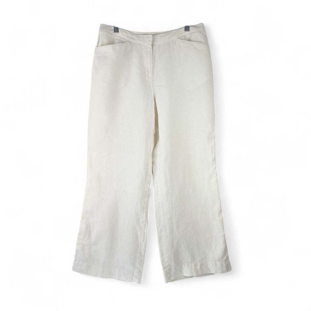 J JILL Classic Ivory 100% Linen Flat Front Mid Rise Wide Leg Lined Pant Size 10